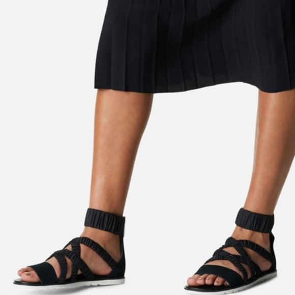 Sorel Ella II Ankle Strap Sandals Leather Flats Black Sea Salt Size 7.5 NEW - Picture 1 of 7
